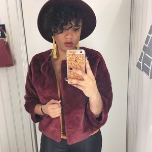 Cropped Faux Fur Burgundy Jacket